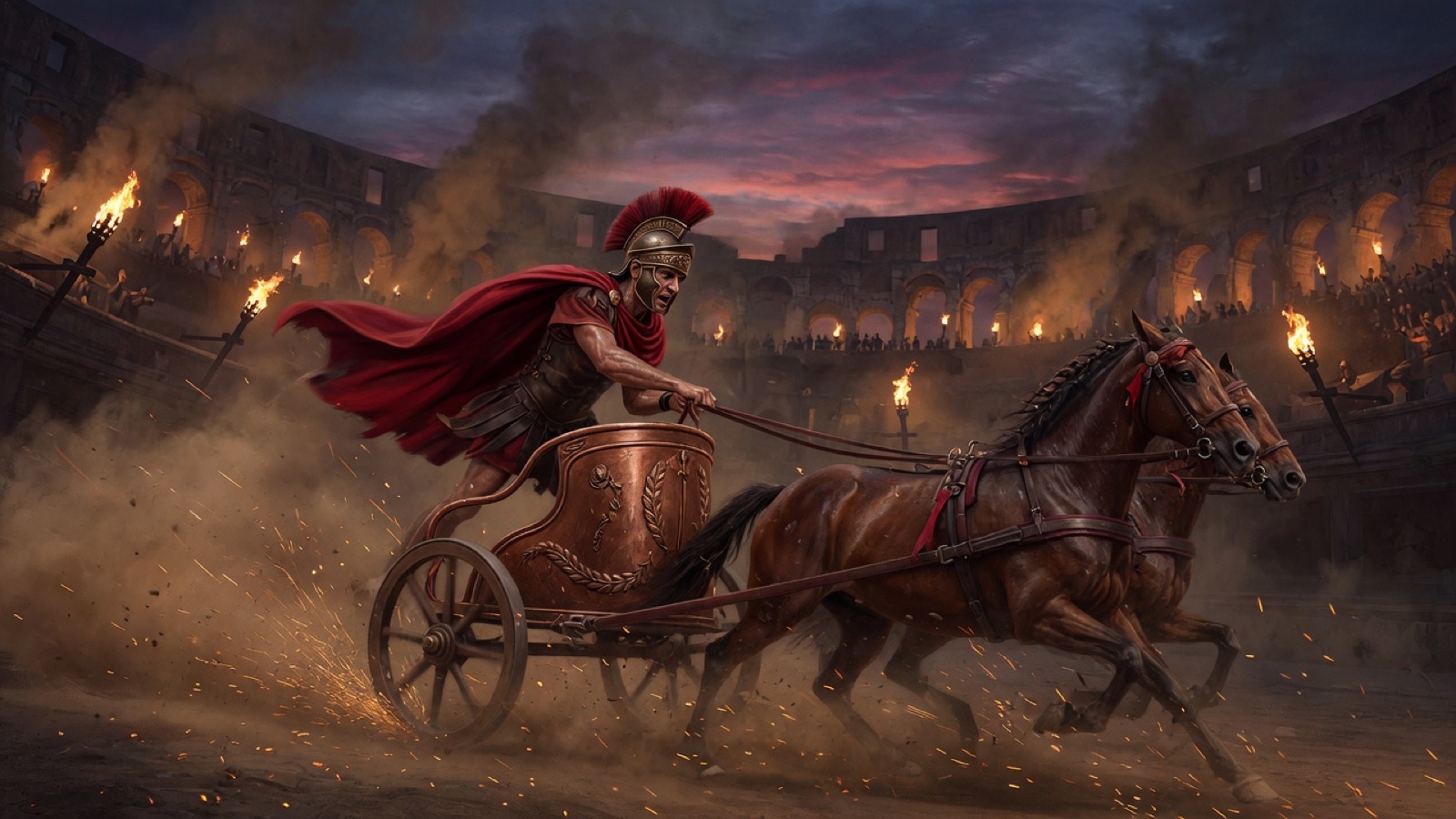 Chariots of Fyah key art: a Roman chariot racing through the Colosseum at dusk