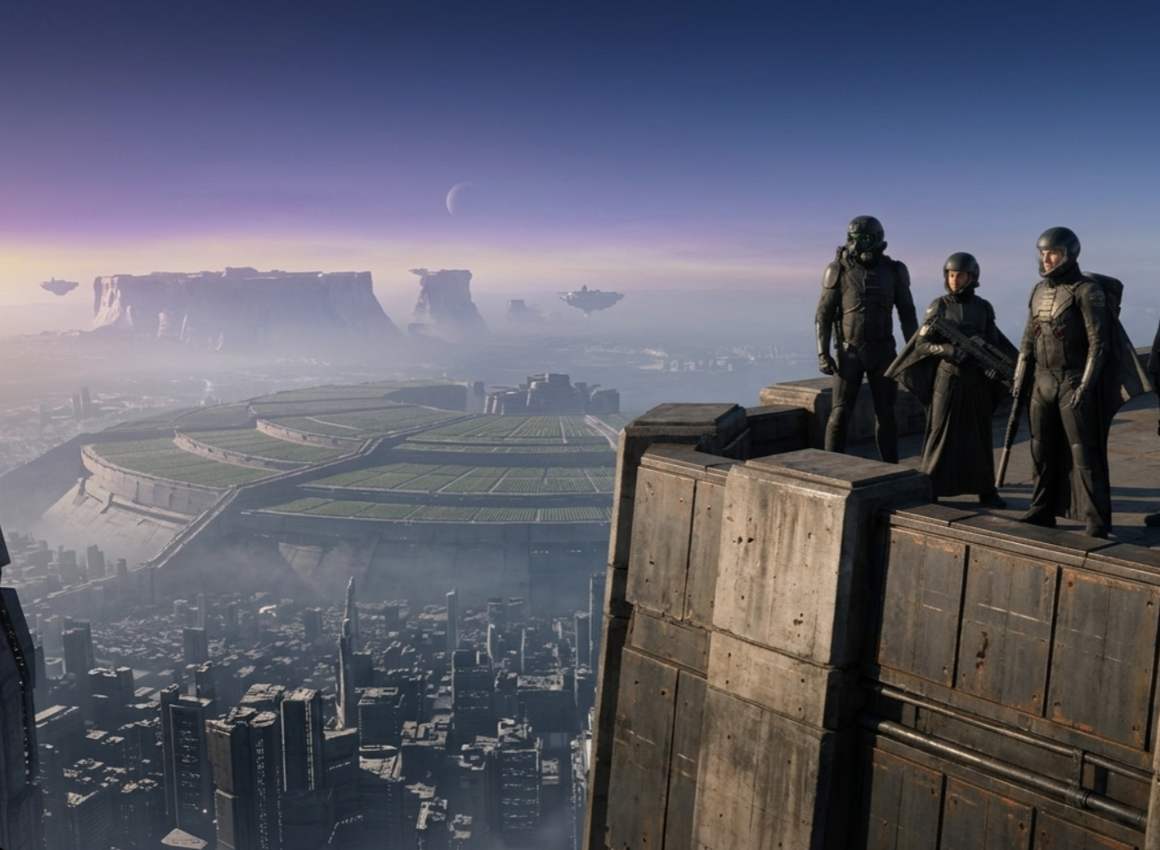 Presence concept art: three operatives stand on a high ledge above a terraced megacity at dawn