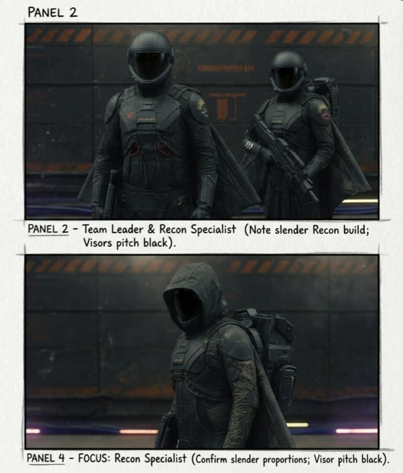 Presence storyboard: team leader and recon specialist, visors pitch black