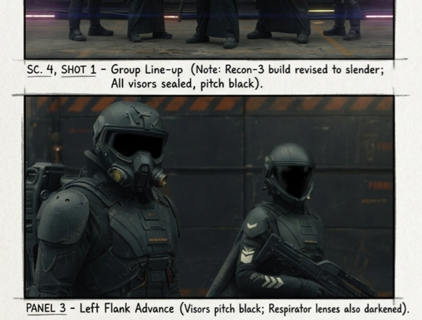 Presence storyboard: group line-up and left flank advance, all visors sealed