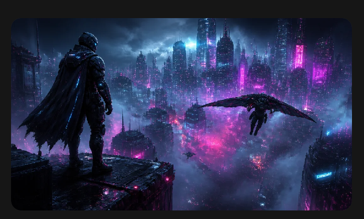 Presence title art: a caped operative overlooks a neon city as a winged glider passes below