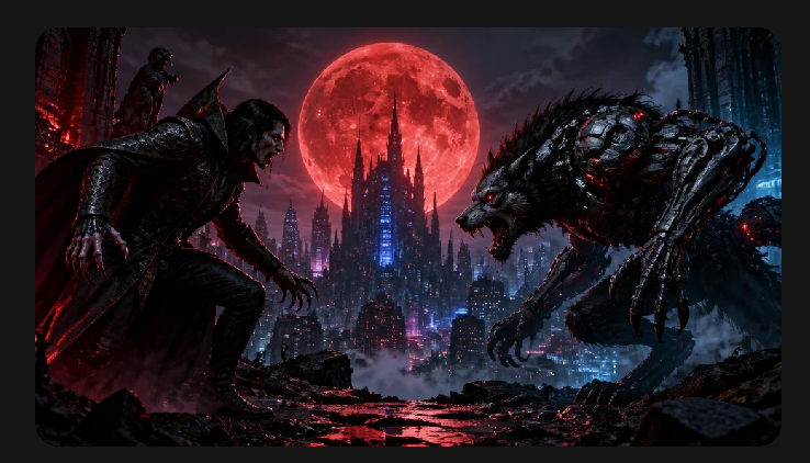 Ver-Wolf title art: a vampire and a cybernetic werewolf face off under a blood moon